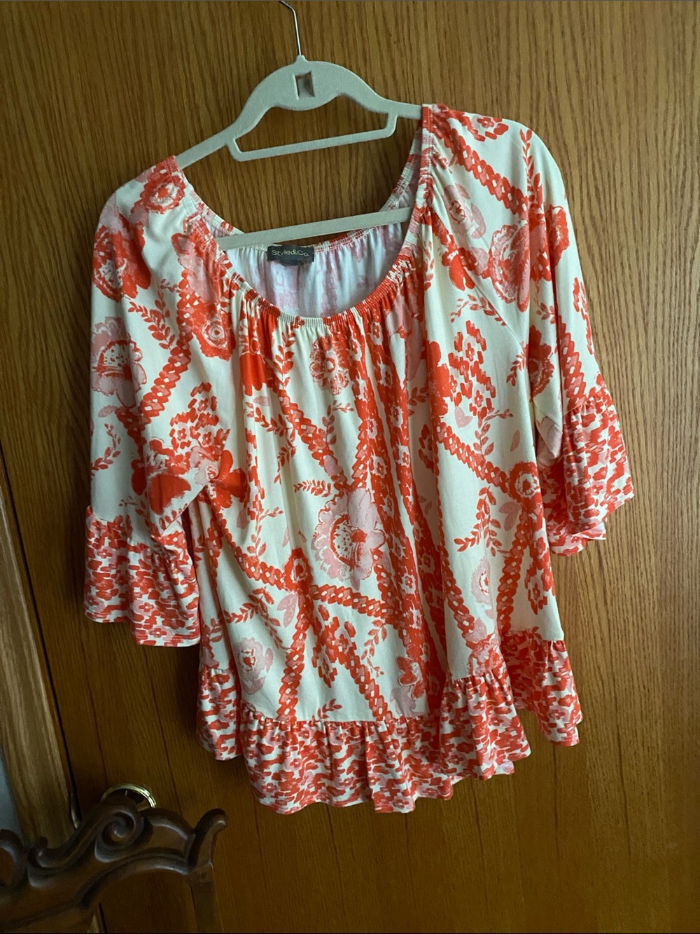 St. John's Bay Cream Blouse with Coral Floral Print